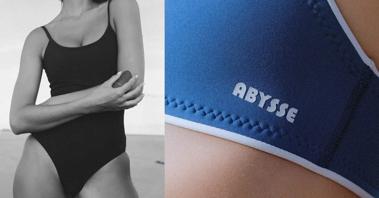 A woman in a black swimsuit holding a beach ball on a beach, with a close-up of a blue swimsuit brand label reading 'ABYSS'.