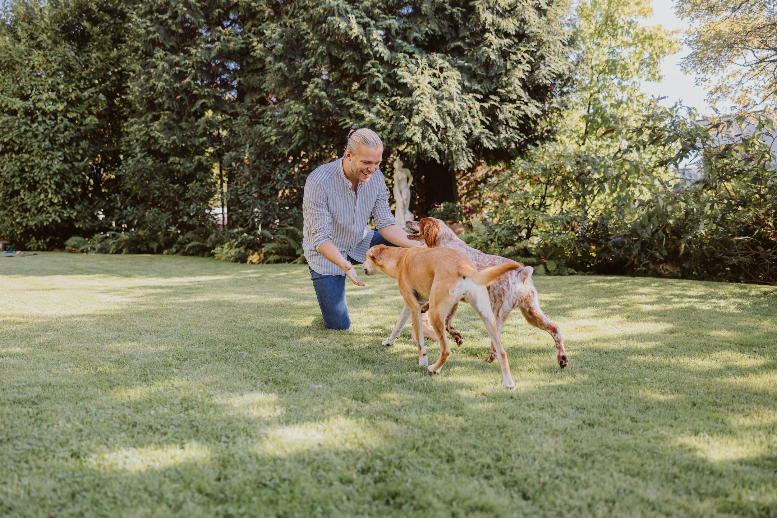 Ein Mann spielt im Garten mit zwei Hunden, umgeben von Bäumen und Sträuchern.