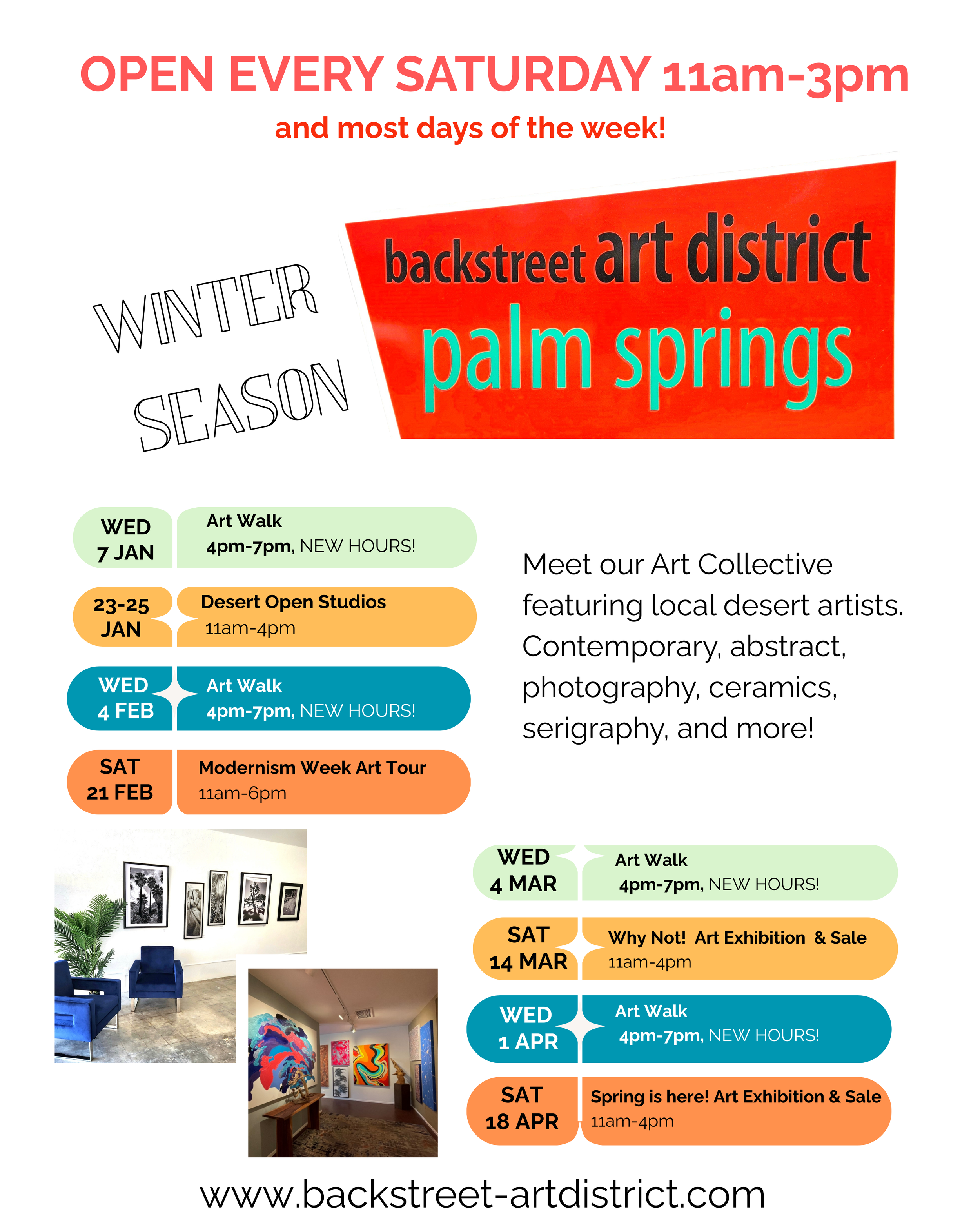 Event poster for backstreet art district at Palm Springs, open Saturdays 11am-3pm, featuring art walks, studio visits, and exhibitions in January to April with colorful text, images of art galleries, and event details.