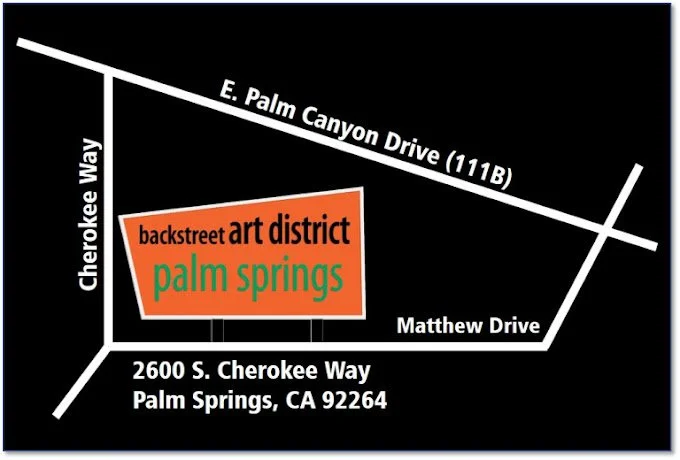 Map showing the location of the backstreet art district in Palm Springs, California, with streets Cherokee Way, E. Palm Canyon Drive, Matthew Drive, and S. Cherokee Way, and the address 2600 S. Cherokee Way, Palm Springs, CA 92264.