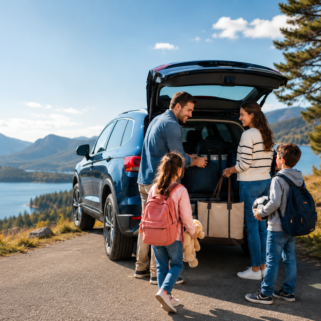 Familia afuera con un auto nuevo
