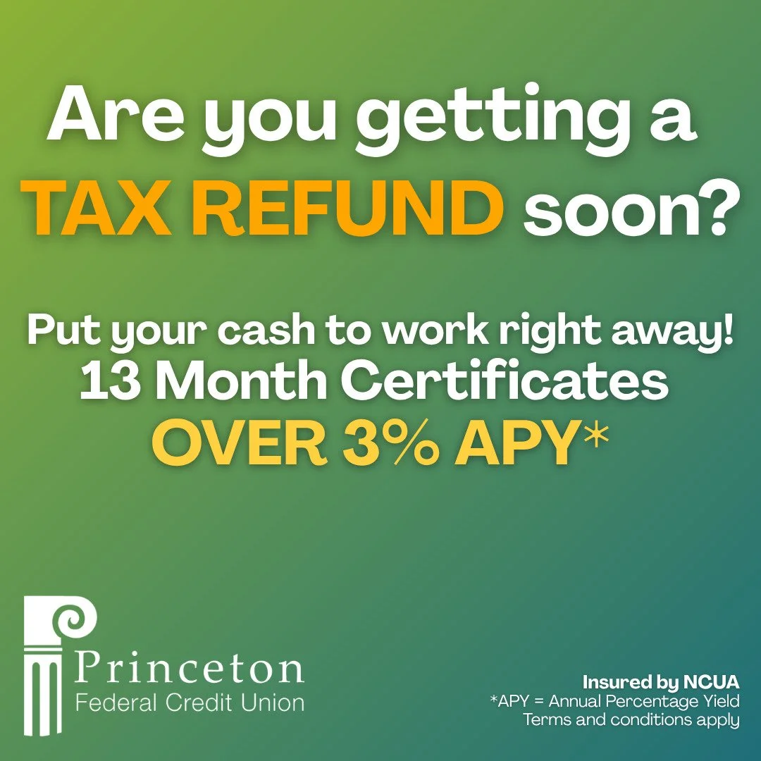 Getting a tax refund? Put it to work for YOU. 💸🌱
Lock in a 3.61% APY* with our 13‑Month Share Certificate and watch your money grow&mdash;safely and steadily.
✅ Current members: Set it up in Online Banking in minutes by selecting &ldquo;Add a Share
