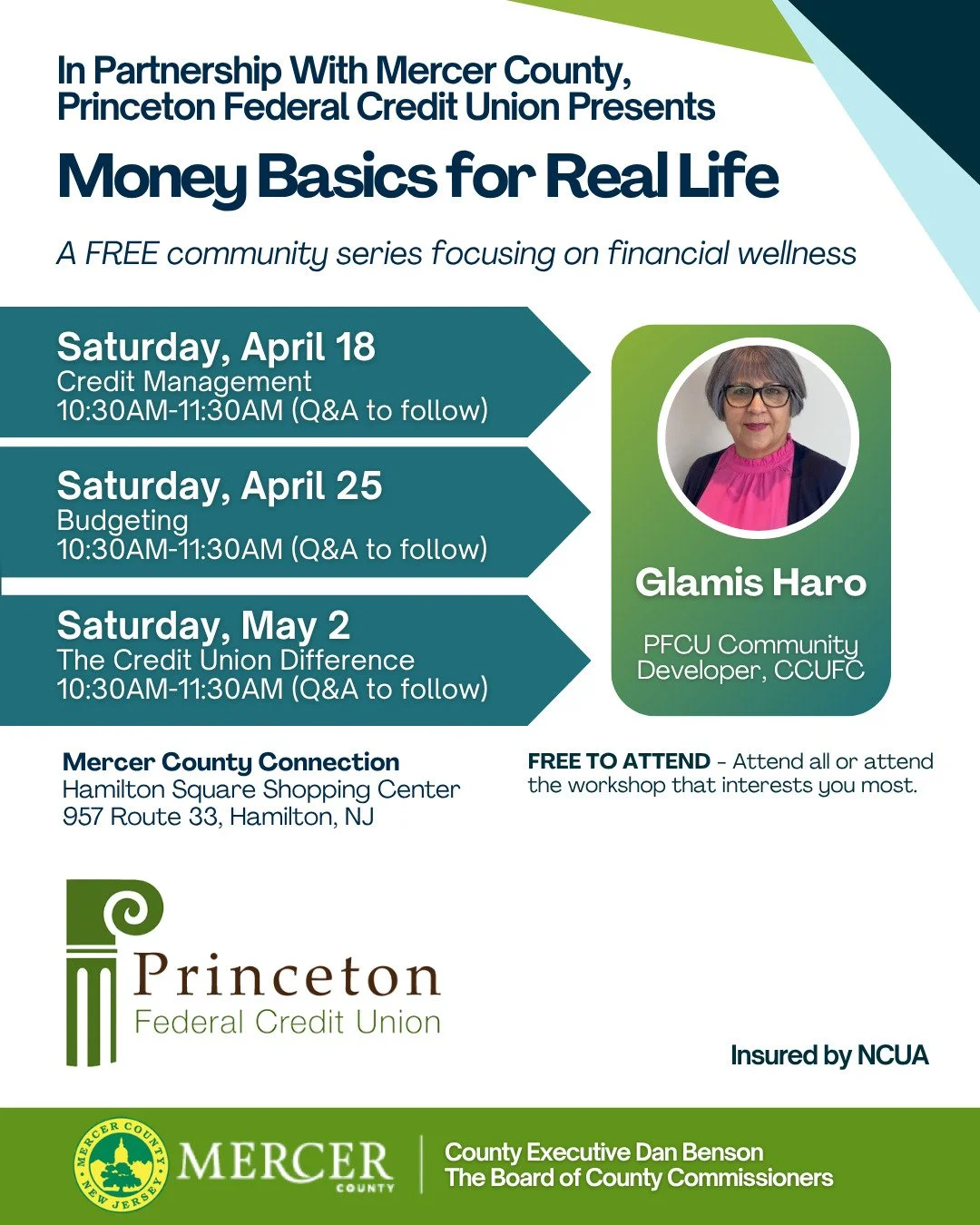 Financial wellness shouldn't be complicated &mdash; or out of reach. 💚
We're proud to partner with Mercer County to bring Money Basics for Real Life to Hamilton this April and May &mdash; a free three-part community series designed to meet people wh