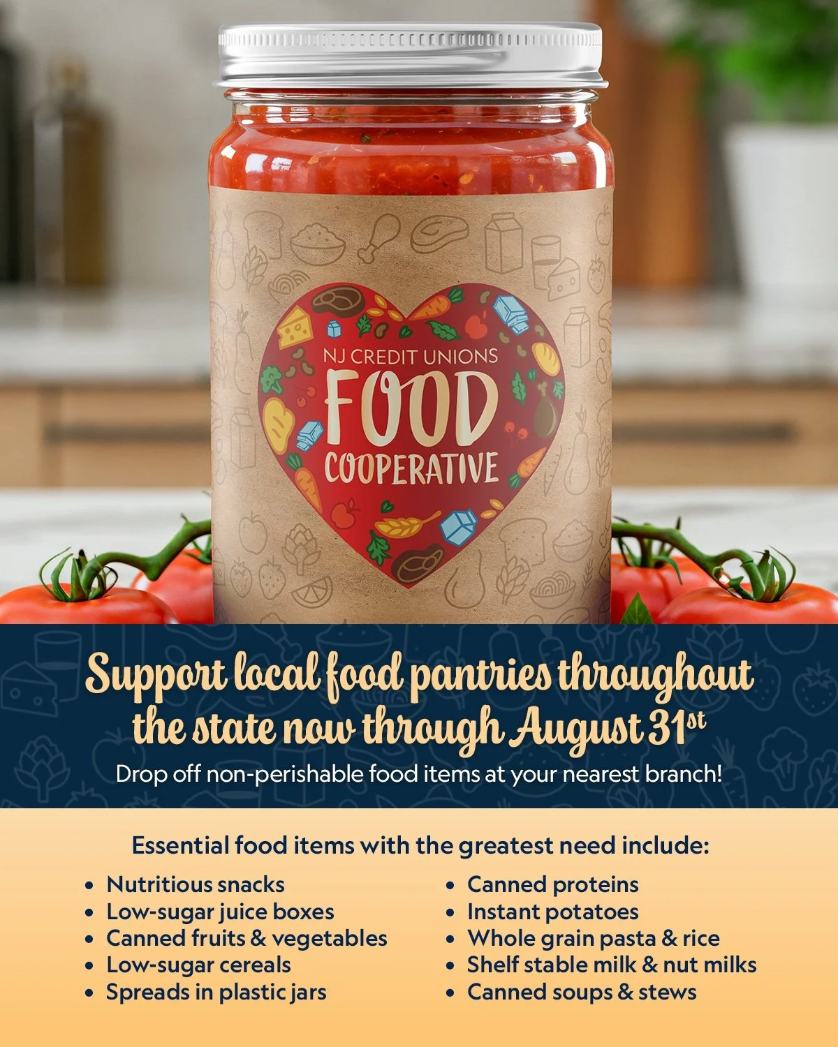 Join us in supporting children and families across New Jersey.

We&rsquo;re proud to partner with the New Jersey Credit Unions Food Cooperative to collect nonperishable food items now through August 31. 

Your generosity will help restock local food 