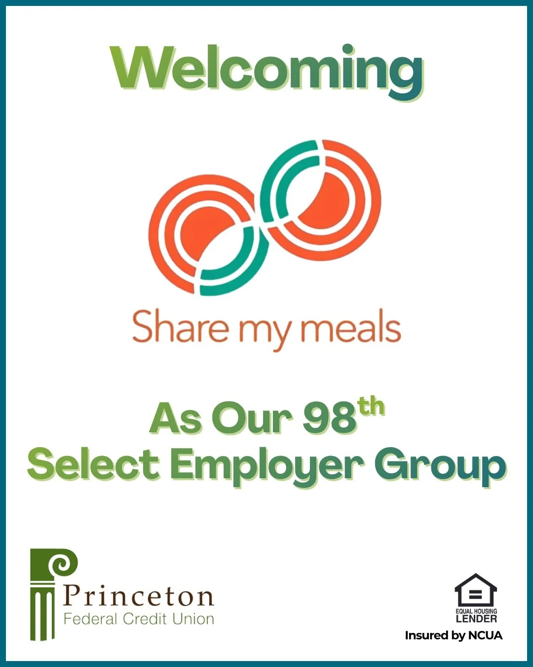 Princeton Federal Credit Union is proud to extend membership to the employees, board members, and volunteers of Share My Meals. We deeply appreciate the work Share My Meals does to serve our community. Welcome to the PFCU family!