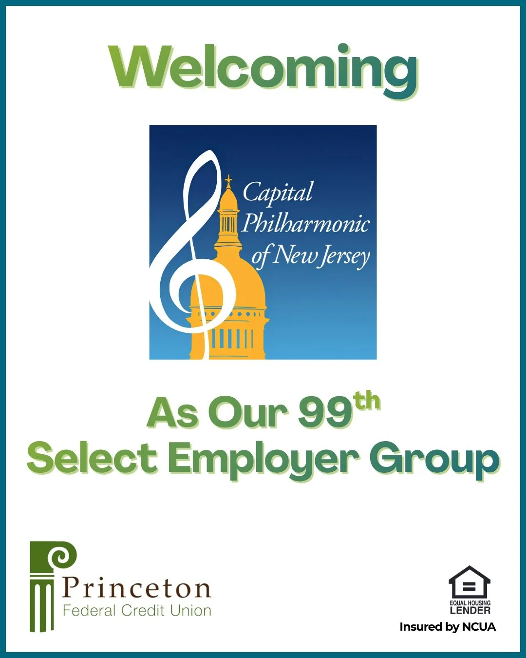 We're proud to extend Princeton Federal Credit Union membership to the employees and board members of The NJ Capital Philharmonic.

Thank you for all you do to enrich our community through music. We're excited to welcome you to the PFCU family! 🎵💚