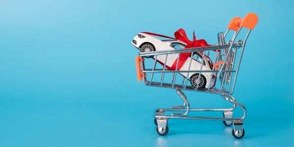 new toy car with a big red bow on it, sitting in miniature shopping cart