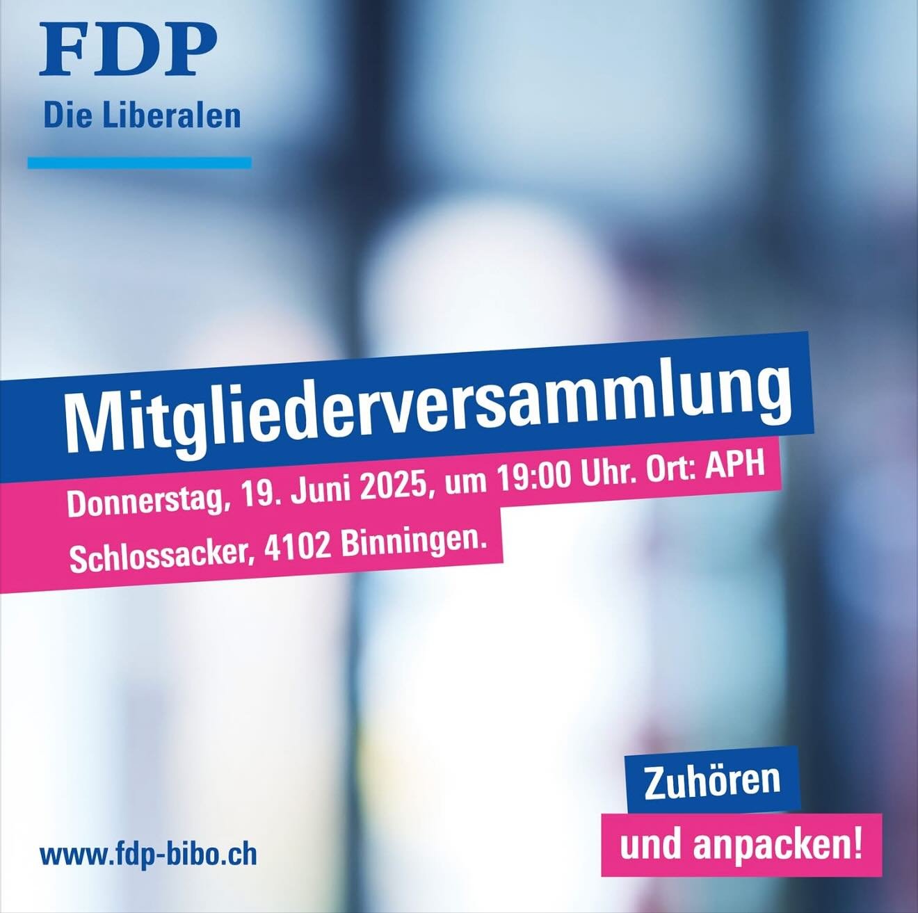 Wir laden Sie herzlich zur Mitgliederversammlung ein &ndash; am Donnerstag, 19. Juni 2025, um 19 Uhr. Ort: APH Schlossacker, Binningen.
www.fdp-bibo.ch