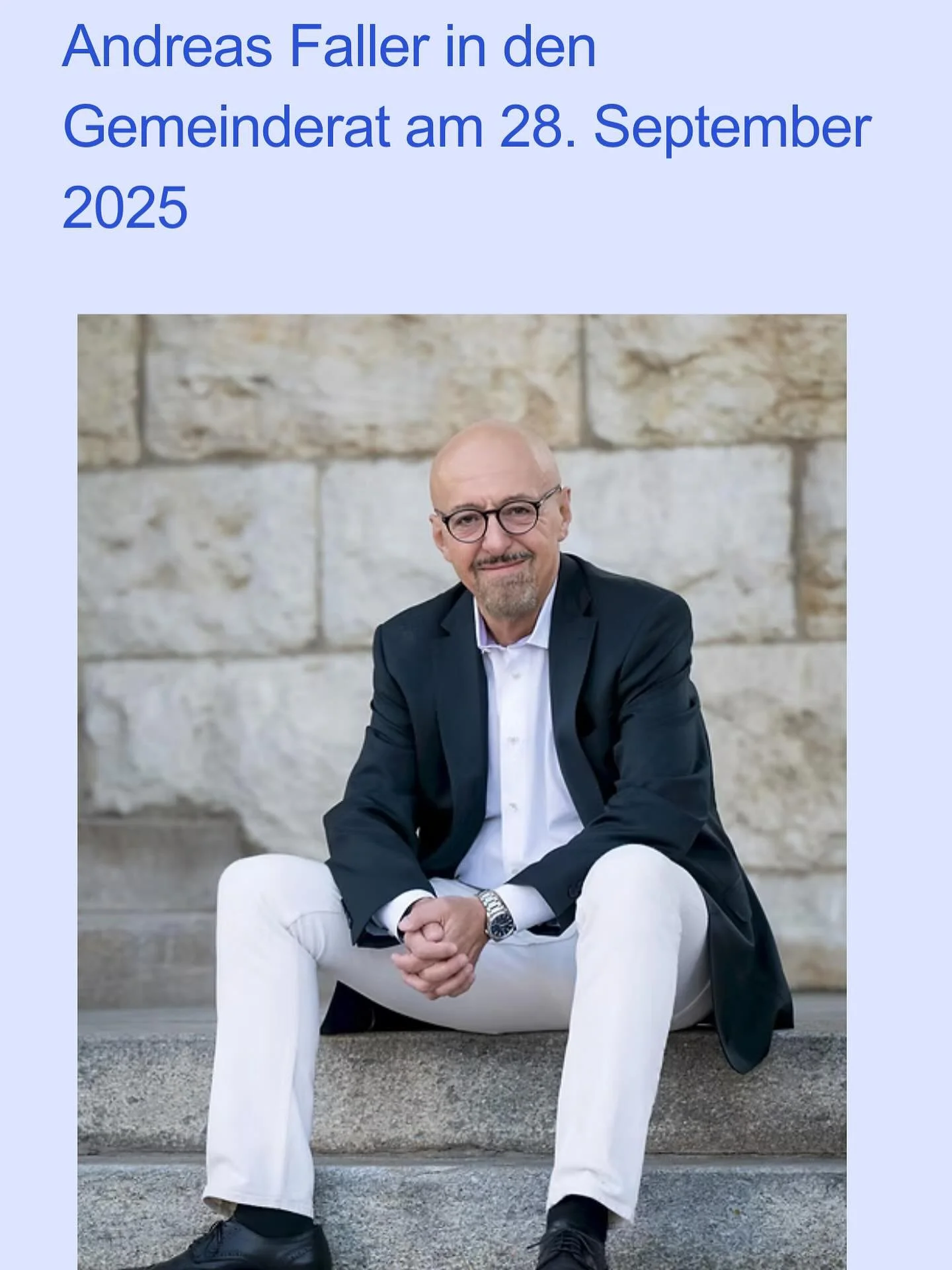 Kostenbewusstsein mit Augenmass, ein gutes Bildungsangebot, gute Angebote f&uuml;r &auml;ltere Menschen und eine funktionierende Infrastruktur - daf&uuml;r steht Andreas Faller.

Termin Ersatzwahl Gemeinderat Bottmingen: 28. September 2025 (regul&aum