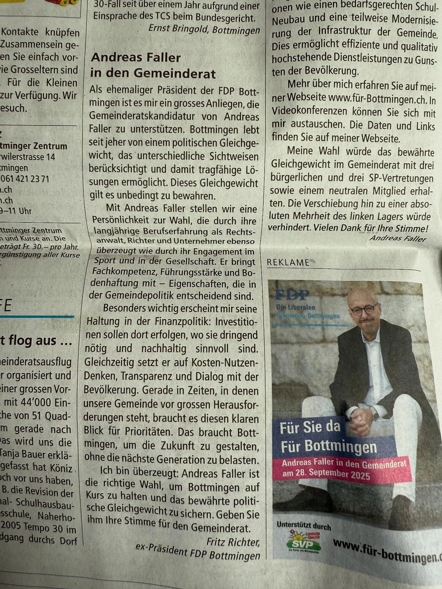 Leserbrief (Bibo, 21. August 2025). Fritz Richter unterst&uuml;tzt die Wahl von Andreas Faller, um das politische Gleichgewicht zu wahren und Bottmingen mit einem klaren Blick f&uuml;r Priorit&auml;ten in der Finanzpolitik zu steuern. #fdp #bottminge