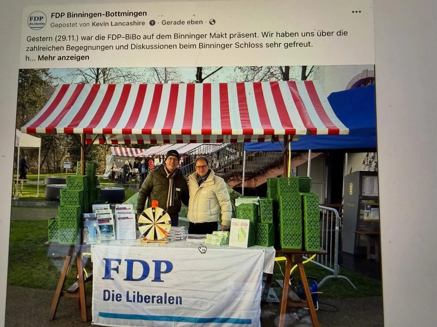 Gestern (29.11.) war die FDP-BiBo auf dem Binninger Makt pr&auml;sent. Wir haben uns &uuml;ber die zahlreichen Begegnungen und Diskussionen beim Binninger Schloss sehr gefreut.
https://www.fdp-bibo.ch/