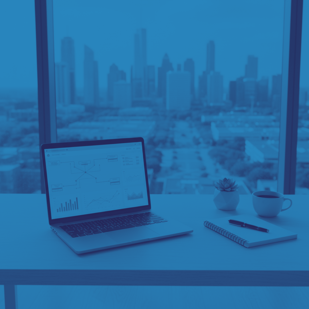 Office workspace with a laptop displaying charts, a cup of coffee, a notebook with a pen, and a small plant on a white desk, with a city skyline view through large windows.