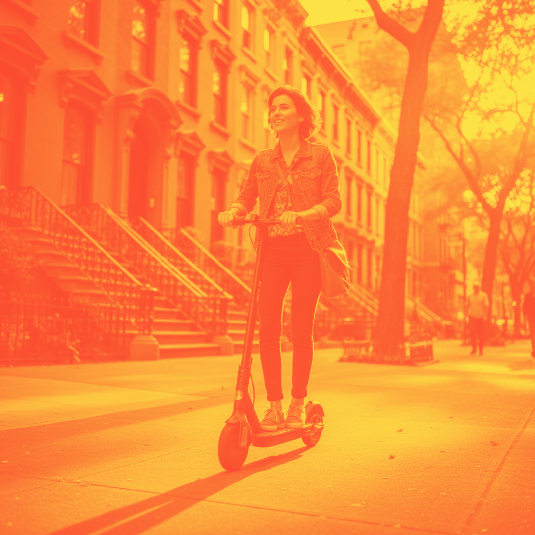 Woman riding electric scooter on city sidewalk with brownstone buildings and trees in the background, sunlight filtering through the leaves.