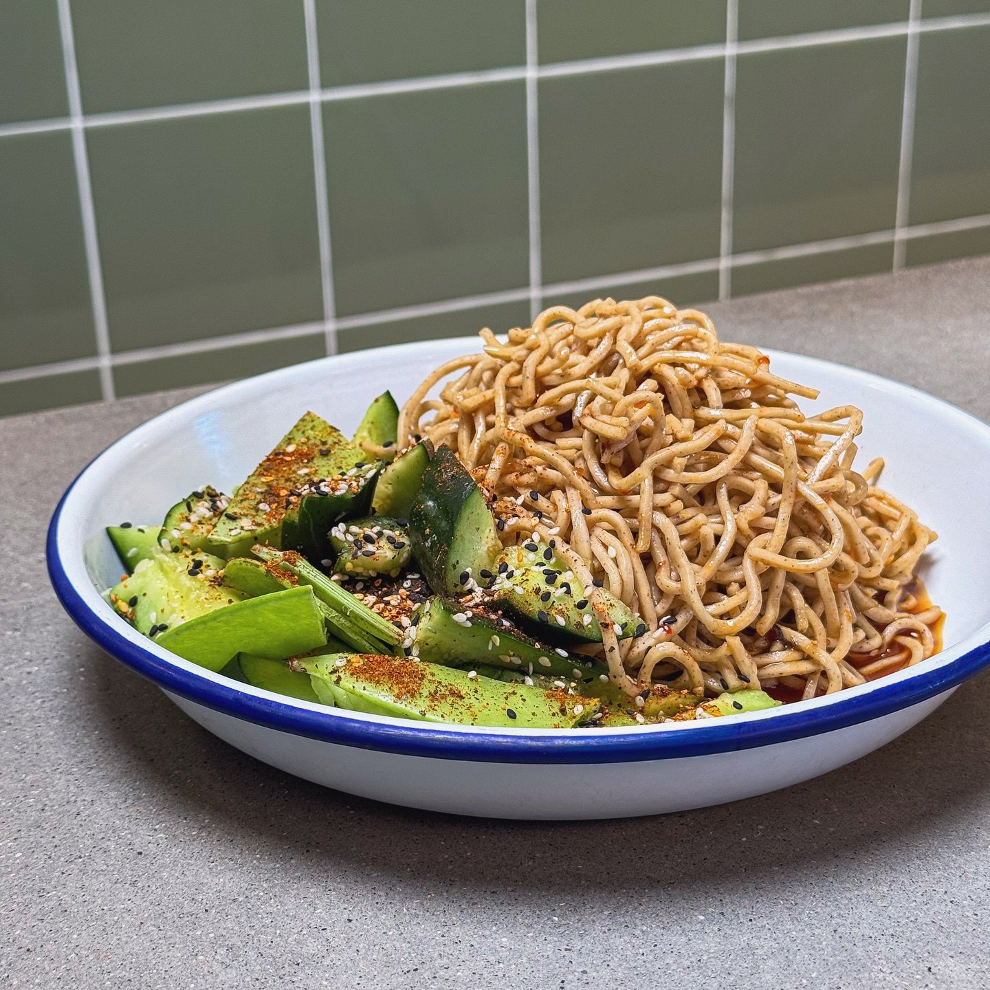 One of our new menu additions, the Soba Noodle &amp; Cucumber salad with smashed cucumber and chili crisp. Fresh, light, and just a touch of heat. Check out all our new menu items&mdash;available now for dine-in, pickup, or delivery.