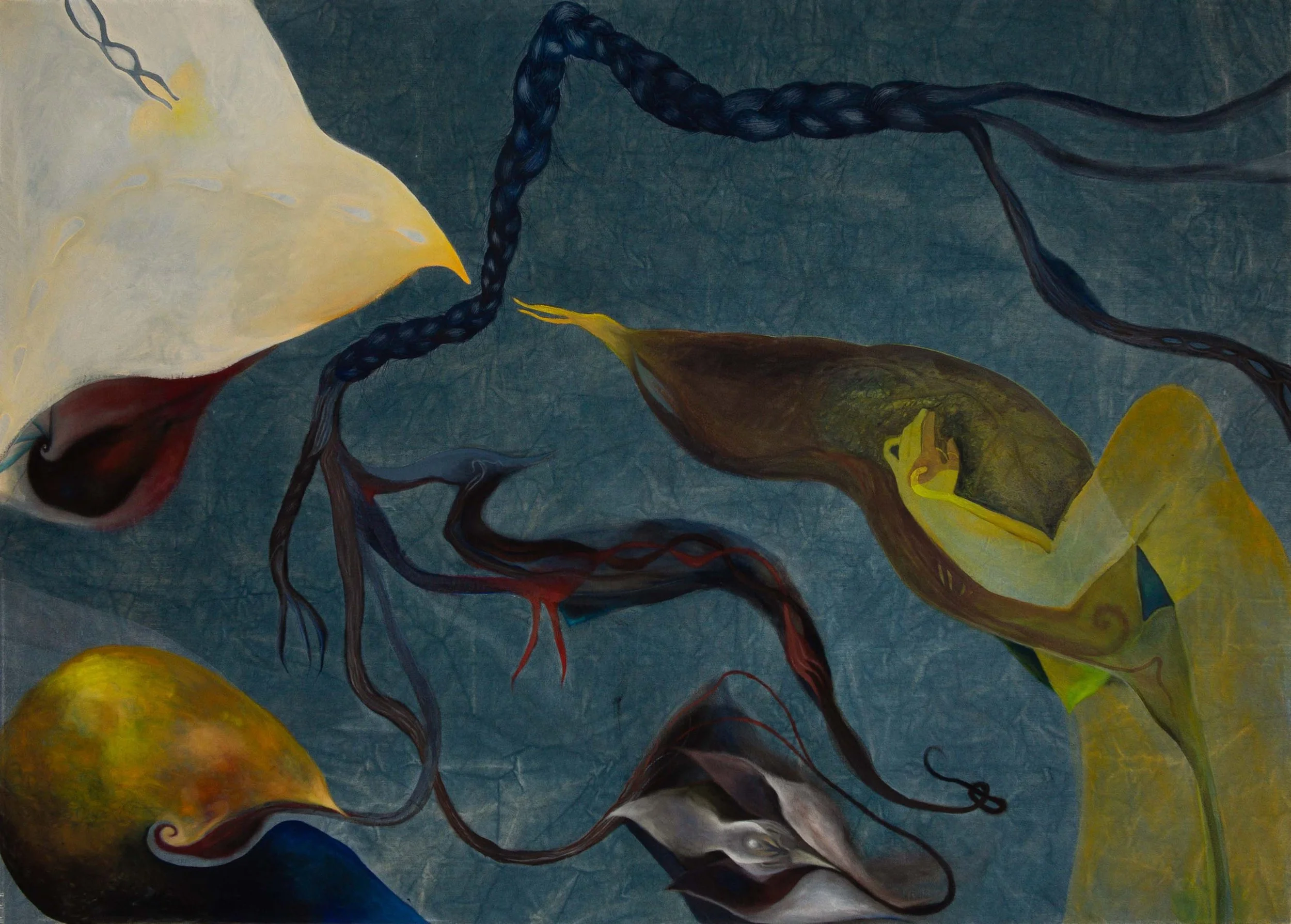 Braided Into Convergence | oil on indigo dyed canvas | 43.75 x 61 in | 2026