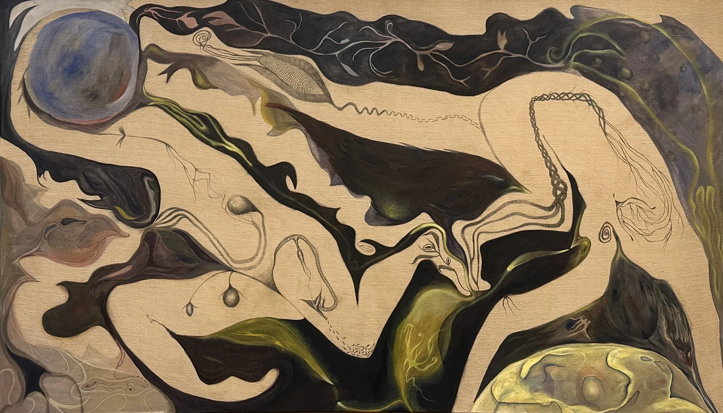 Three Times Rooted | oil on hand dyed linen | 36 x 72 in | 2025
