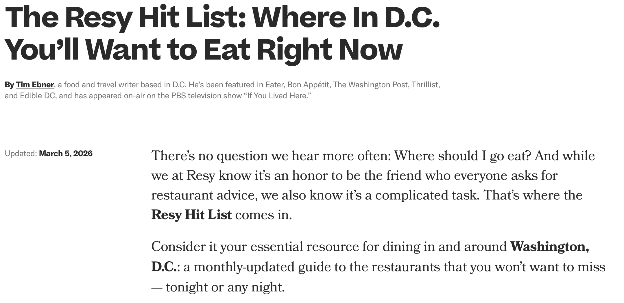 The Resy Hit List: Where In D.C. You’ll Want to Eat Right Now