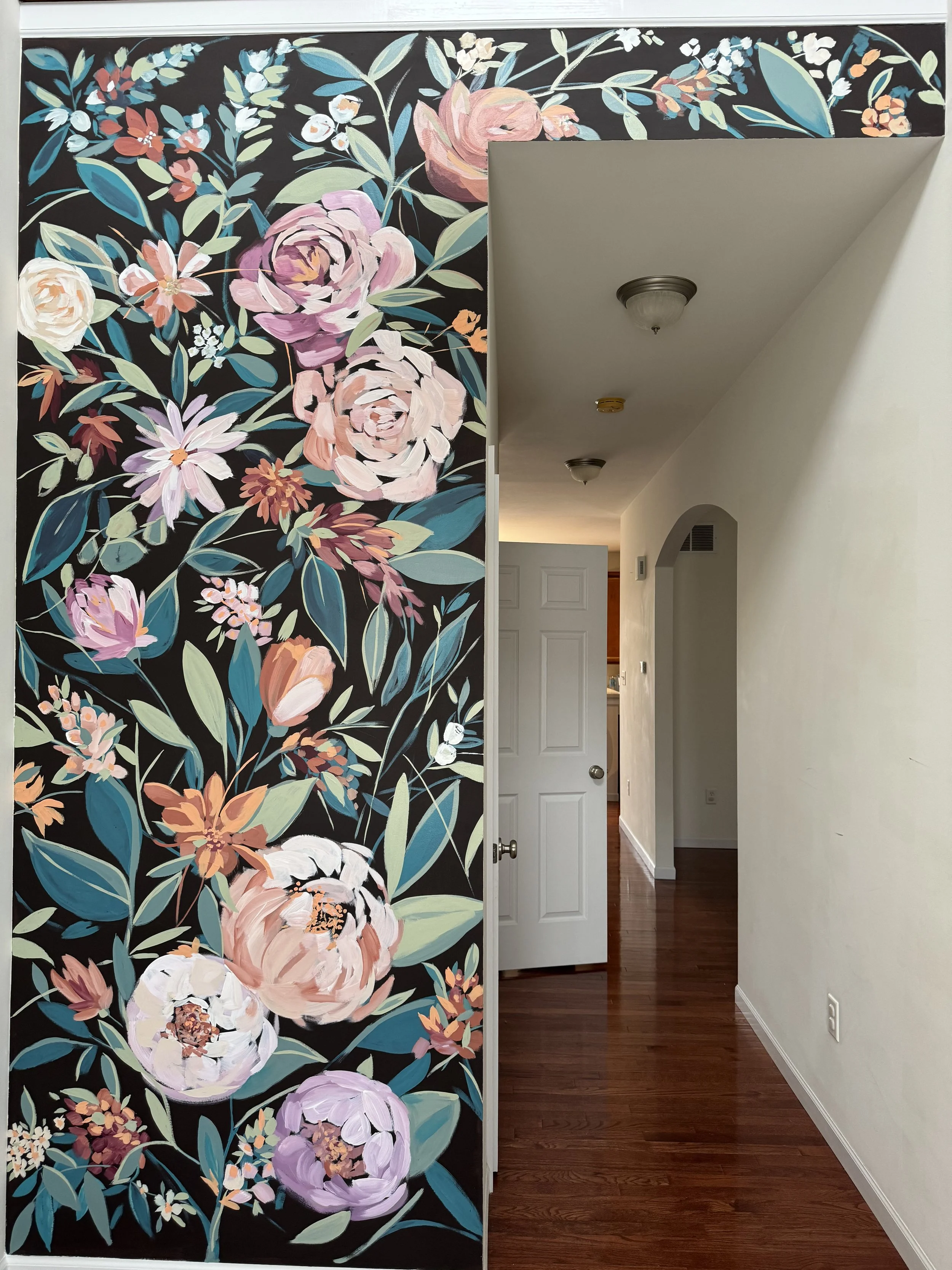Entryway mural of flower and foliage