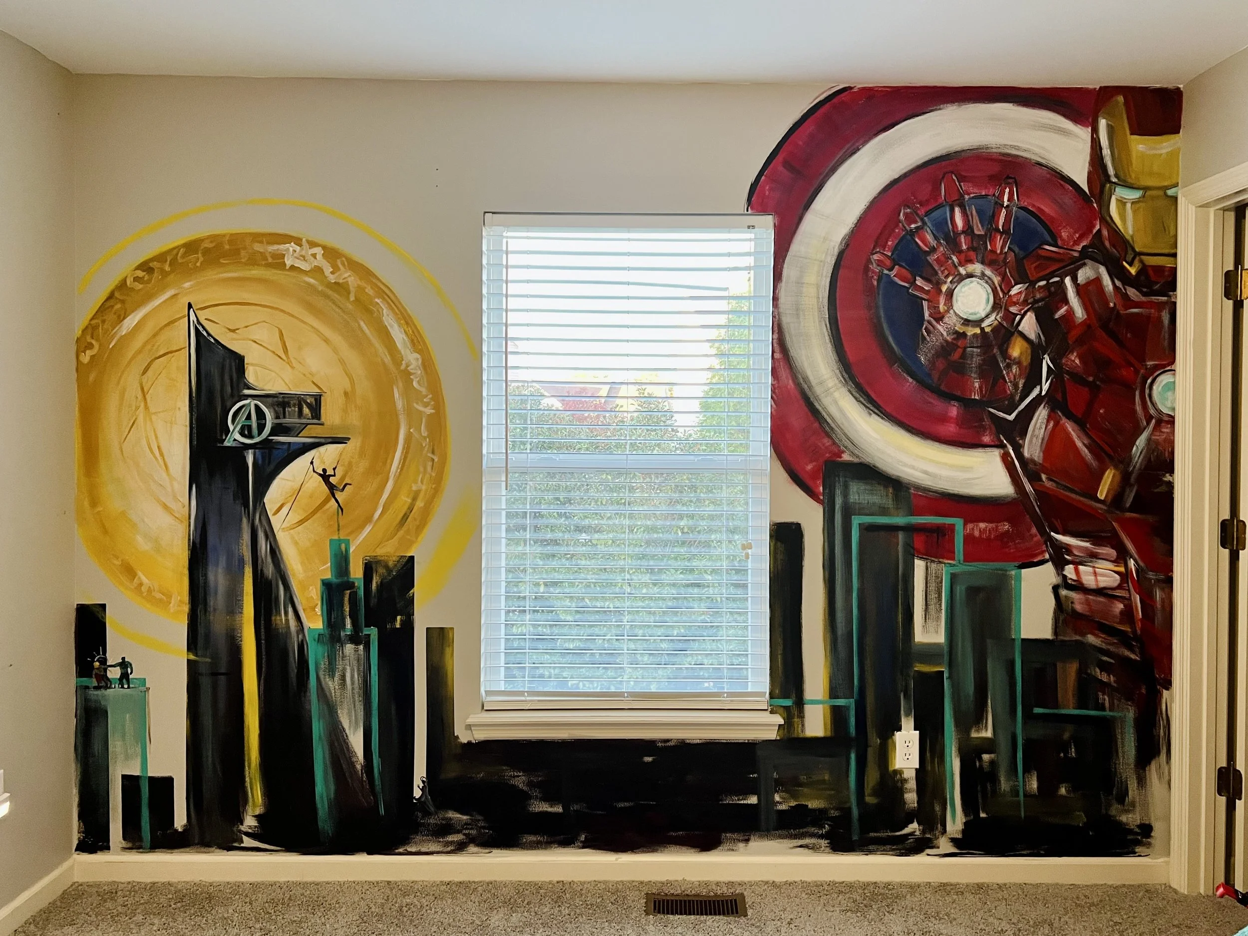 Residential mural of an Avengers Tribute featuring Captain America's shield and Iron Man standing in front
