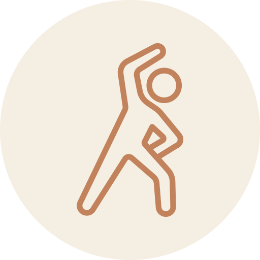 Minimalist line drawing of a person stretching or exercising with one arm raised above their head and the other hand on their hip.