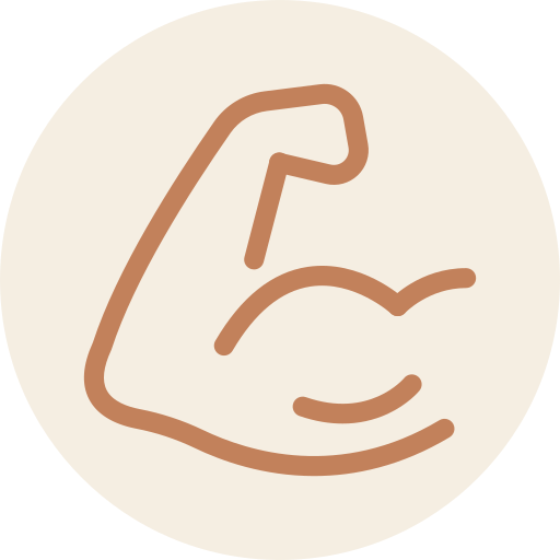 Line drawing of a flexed arm muscle in brown on a cream background.