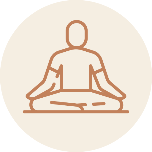 Line drawing of a person in a seated meditation pose, cross-legged with hands resting on knees.