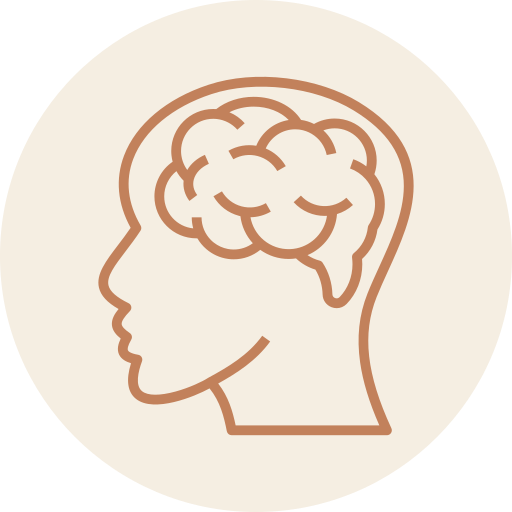 Icon of a person's profile with a brain illustration inside the head.