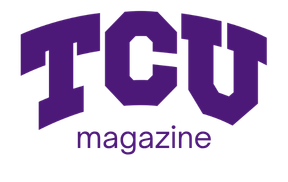 Logo of TCU Magazine with purple text.