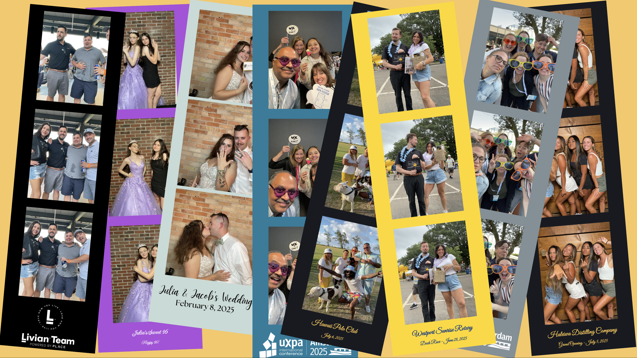 Collage of various photos from events, including friends at a wedding, outdoor gatherings, a dog at a park, and group photos with props, with some images featuring colorful frames and text overlays.