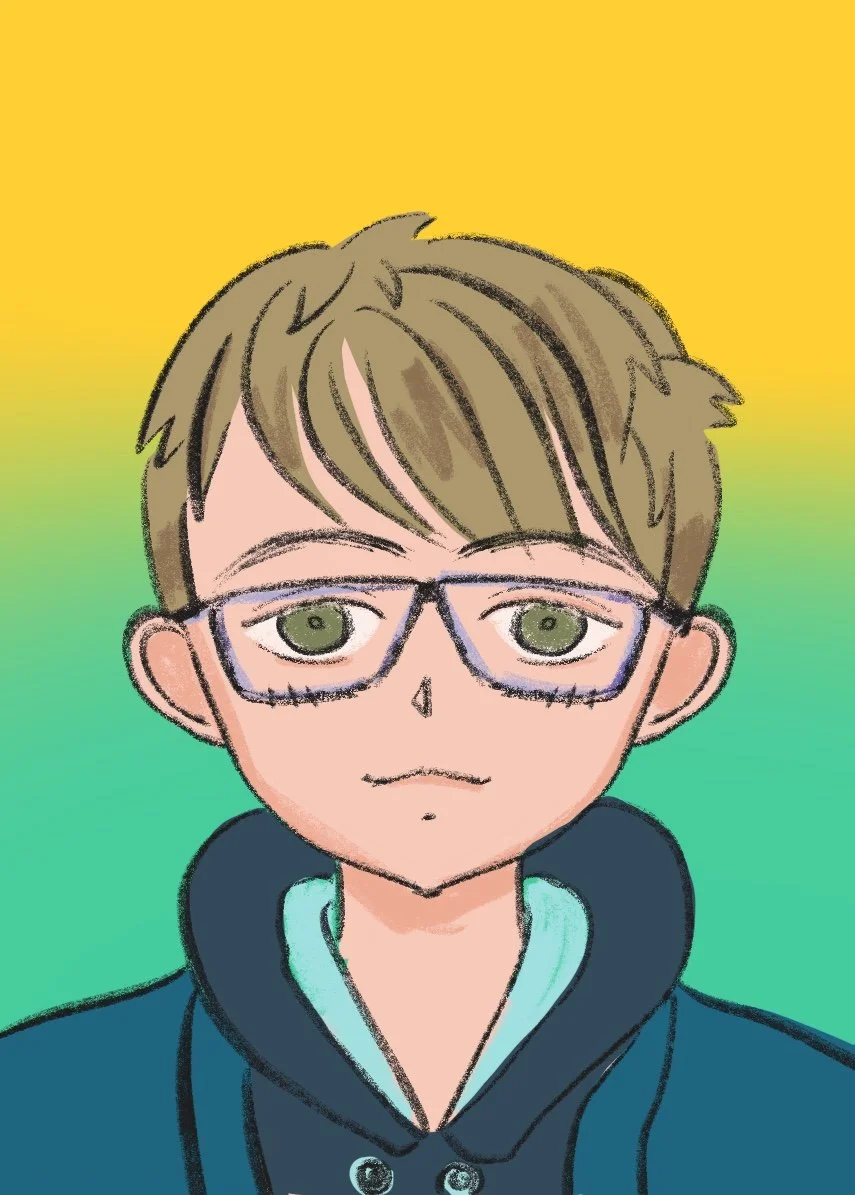 A digital drawing of a young person with light brown hair and glasses, wearing a hoodie, against a background with a rainbow gradient.