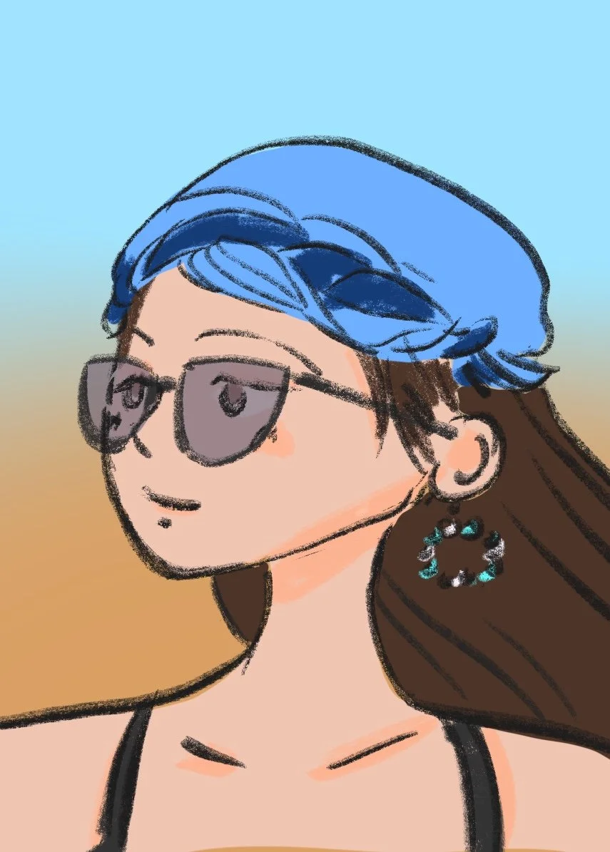 A digital illustration of a woman with long brown hair, wearing a blue beanie, sunglasses, and turquoise and silver earrings, against a gradient background.