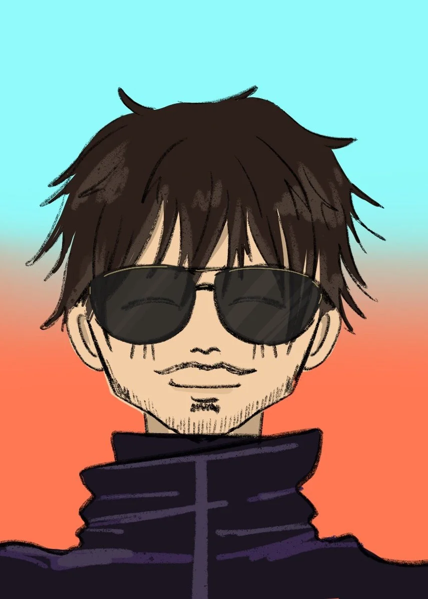Digital illustration of a man with messy dark brown hair, wearing black sunglasses and a black high-collared jacket, against a background with a gradient sunset sky.