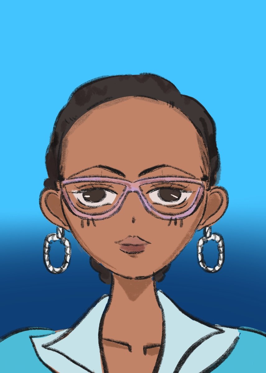 Digital illustration of a woman with dark hair tied back, wearing pink glasses, large silver hoop earrings, and a light-colored collared shirt against a blue background.