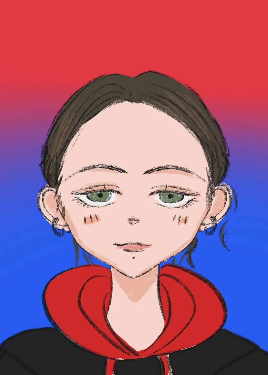 Digital illustration of a young woman with short brown hair, green eyes, and earrings. She is wearing a red hoodie with black and red details. The background features a gradient from red to blue.