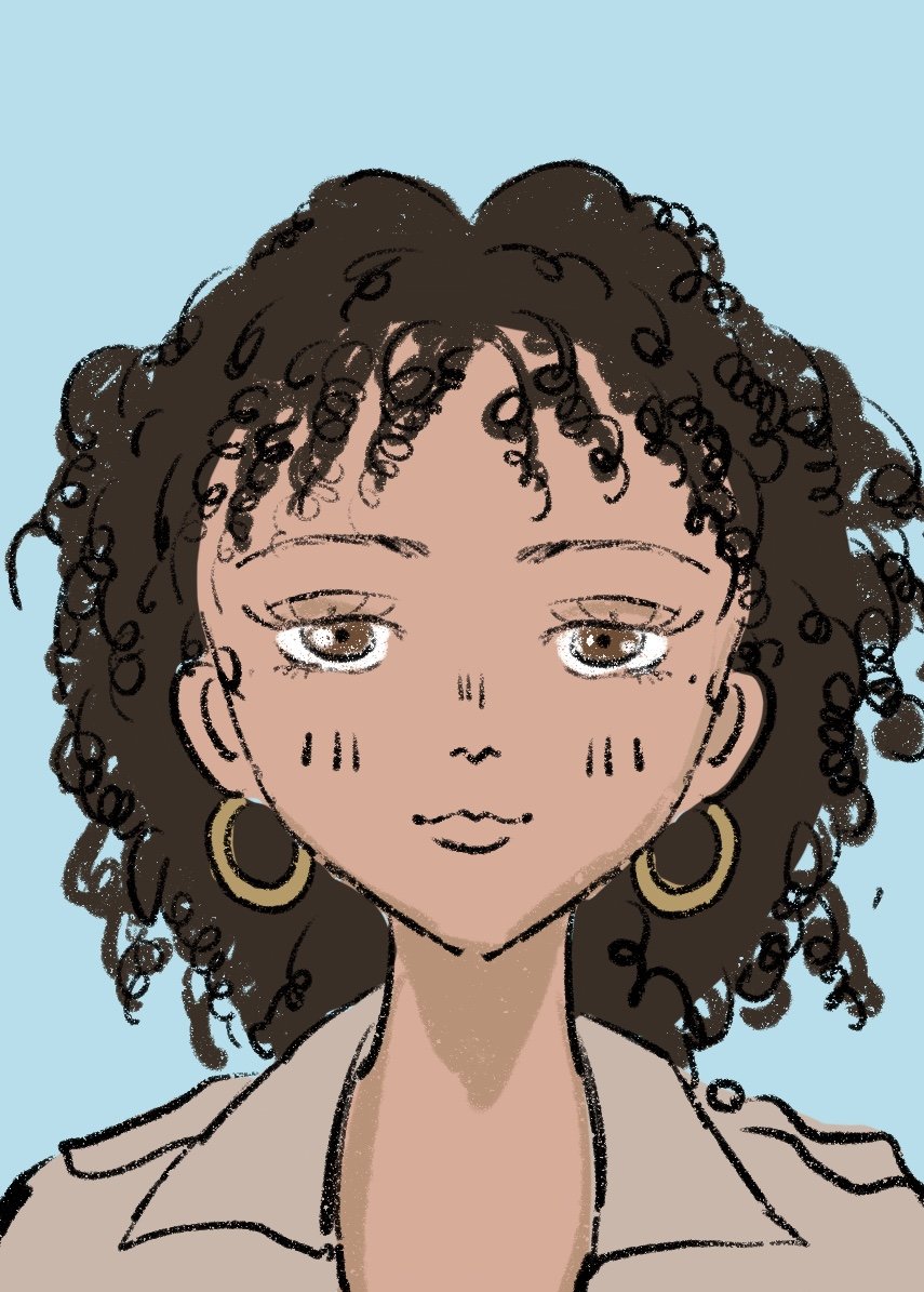 A drawing of a young woman with curly brown hair, gold hoop earrings, and a beige collared shirt, set against a light blue background.