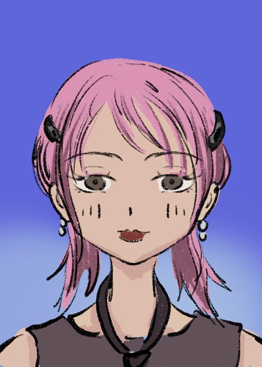 Drawing of a woman with pink hair, black hair clips, hoop earrings, wearing a black top and a stethoscope, with a gradient blue background.
