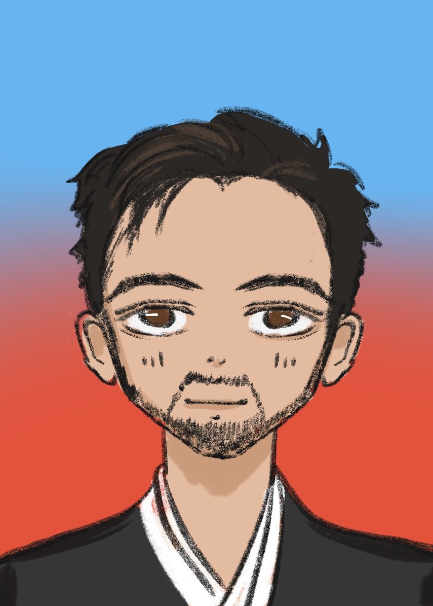 An illustrated portrait of a man with dark hair, brown eyes, light facial hair, and wearing traditional Japanese clothing, against a gradient background transitioning from blue to red.