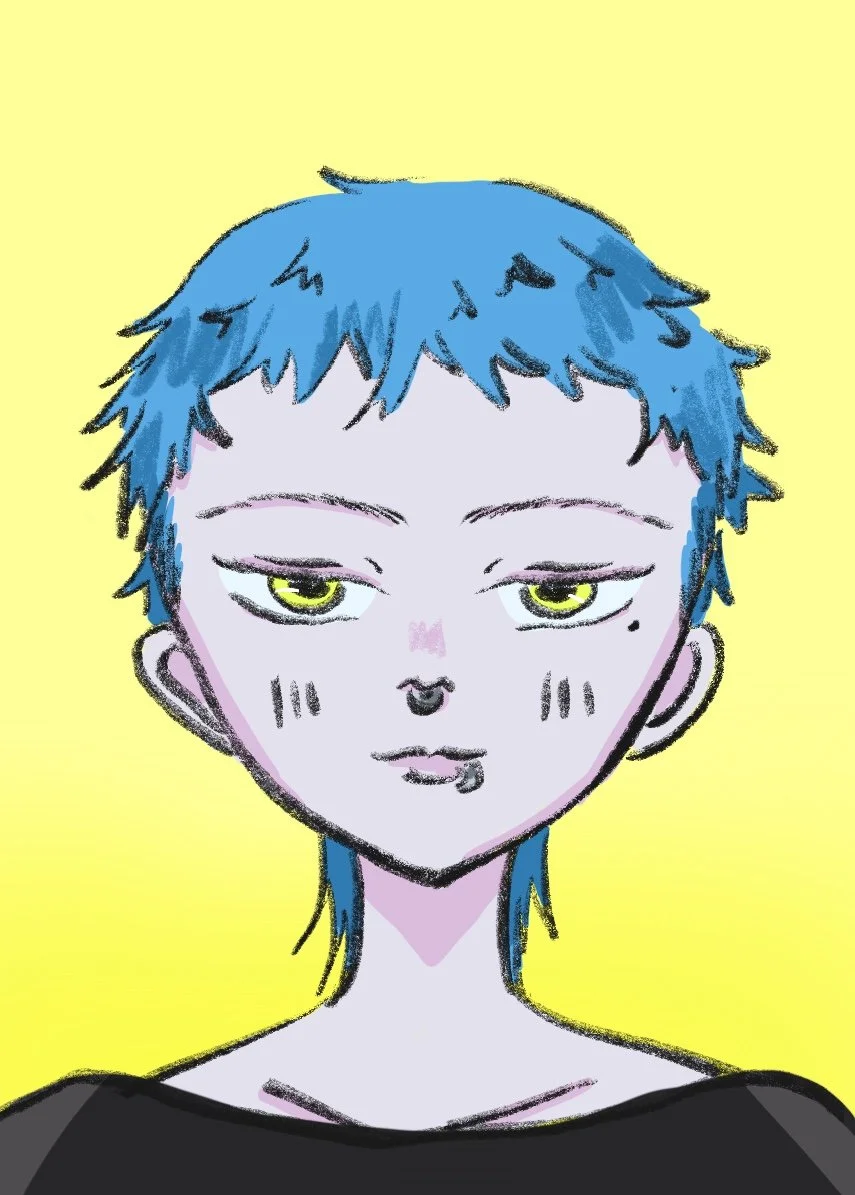 A digital drawing of a person with short blue hair, yellow eyes, and a black shirt, set against a yellow background.