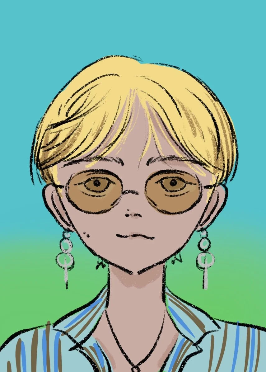 A digital illustration of a woman with short blond hair, wearing round tan sunglasses, earrings, a striped shirt, and a necklace against a blue and green background.