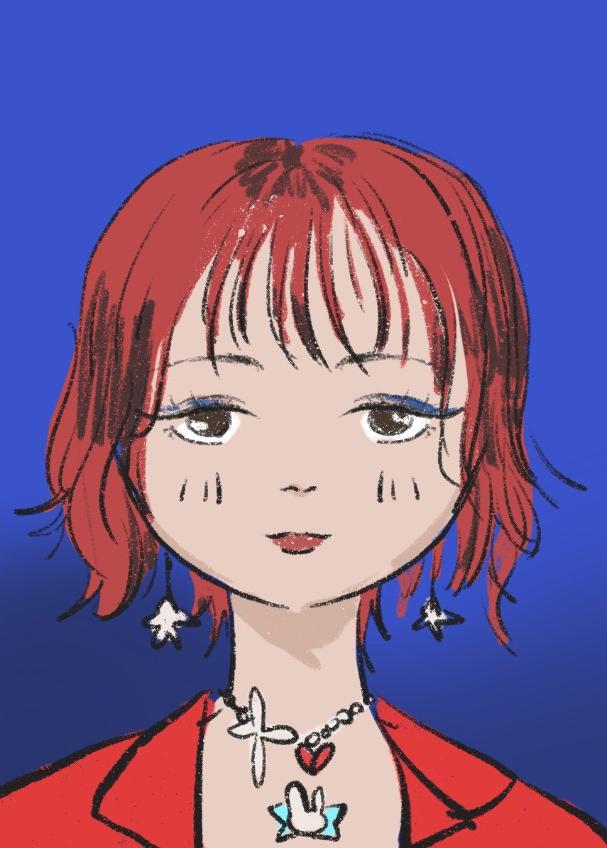 Digital illustration of a young woman with short, red hair and bangs, wearing star-shaped earrings and a necklace with butterfly and bunny charms, set against a blue background.