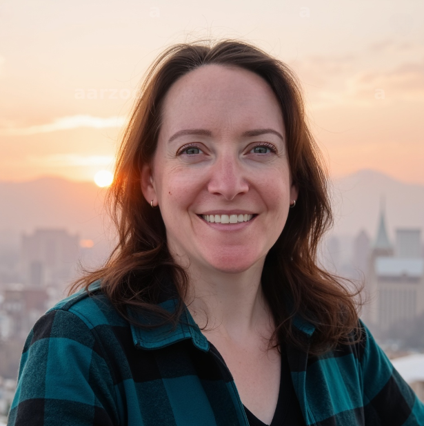 A woman with shoulder-length brown hair smiling outdoors at sunset with a city skyline in the background.