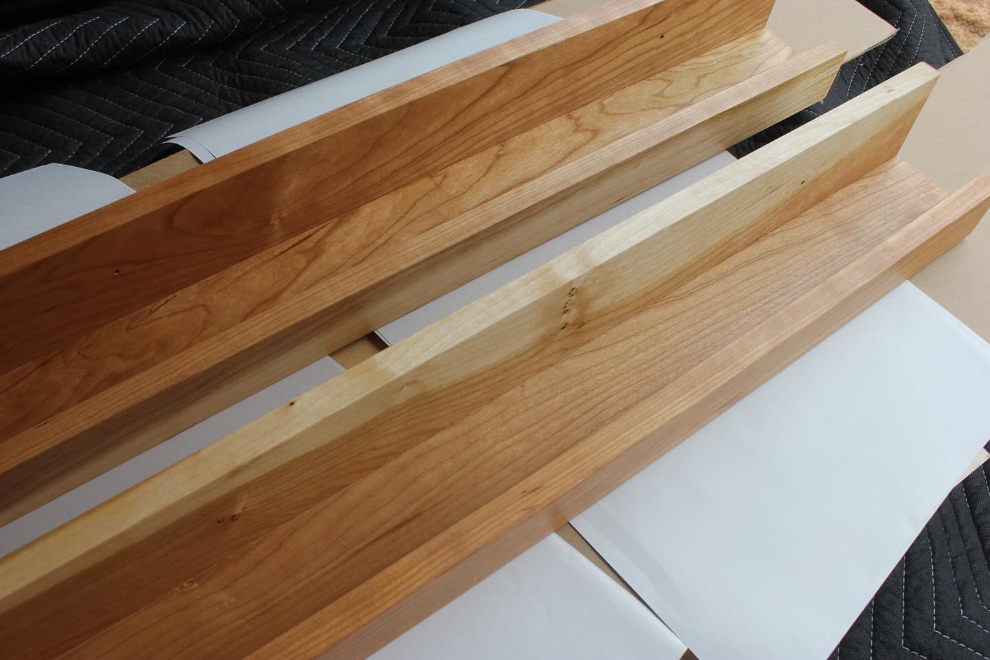 So fun! This custom record shelving set shipped out today. Cherry is beautiful, truly one of my favorite woods to have in the shop. Can&rsquo;t wait to see how these look installed 🙏