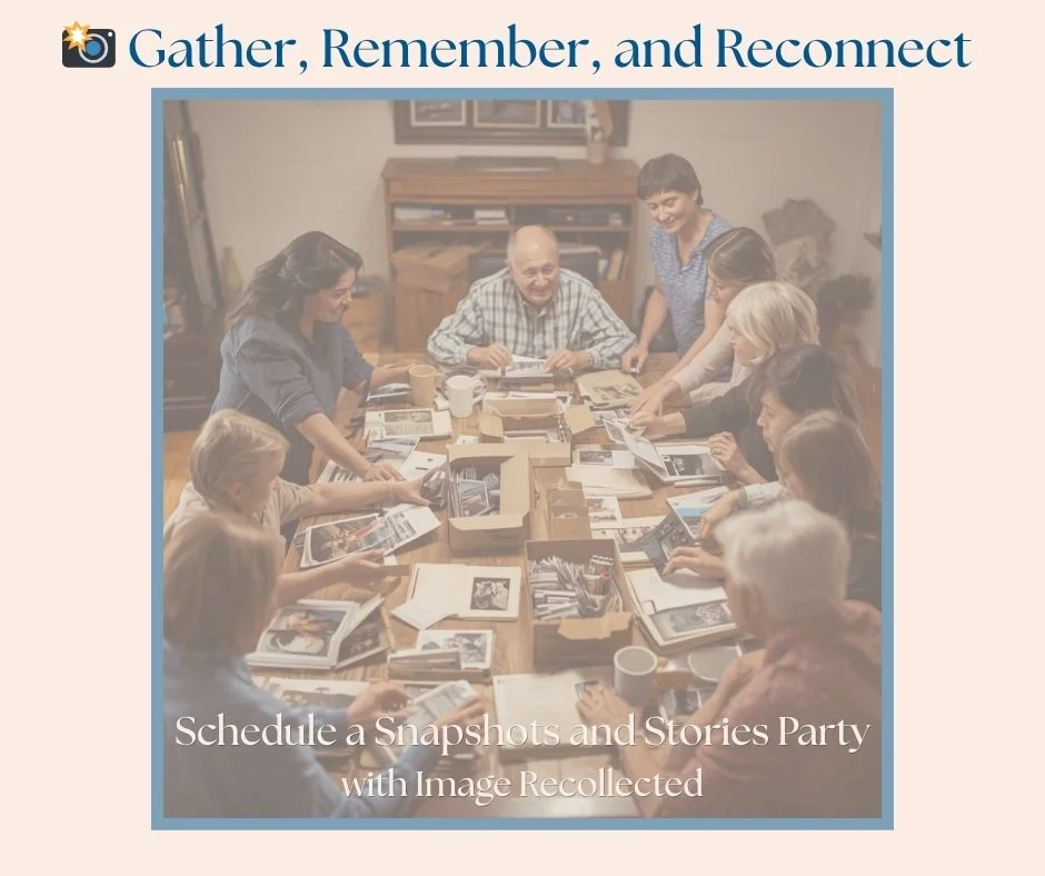 Gathering of adults with boxes of photos, sorting, organizing and sharing stories.