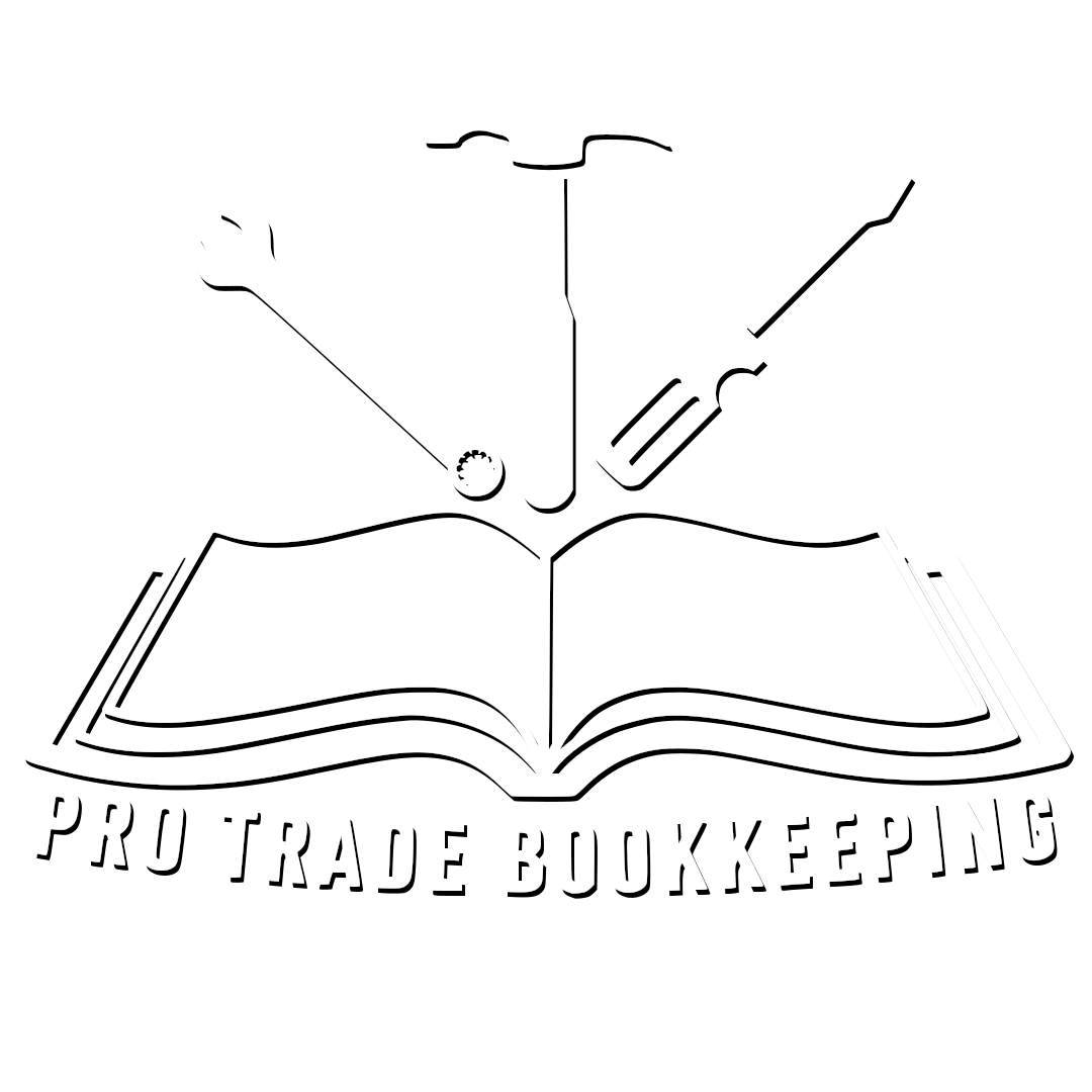 Logo with an open book, a hammer, a wrench, a screwdriver, and a chisel above the book, with the text "Pro Trade Bookkeeping" underneath.