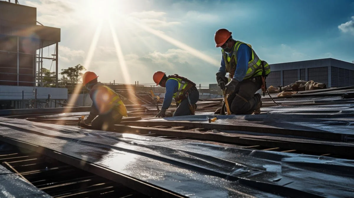 Construction workers wearing safety helmets and vests working on a roof with metal sheets under a sunny sky.