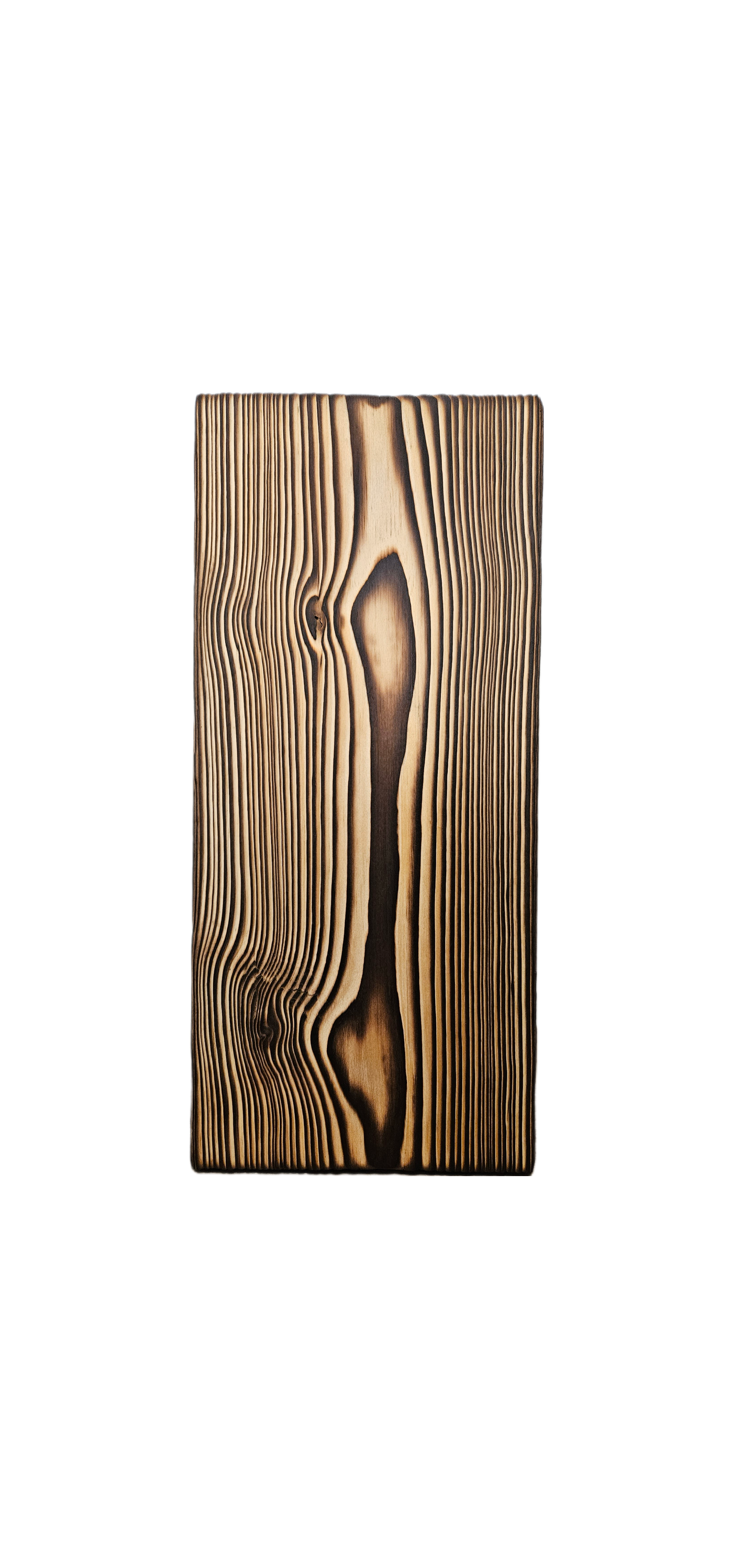 Close-up of a vertically oriented wooden plank with visible wood grain patterns and knots.