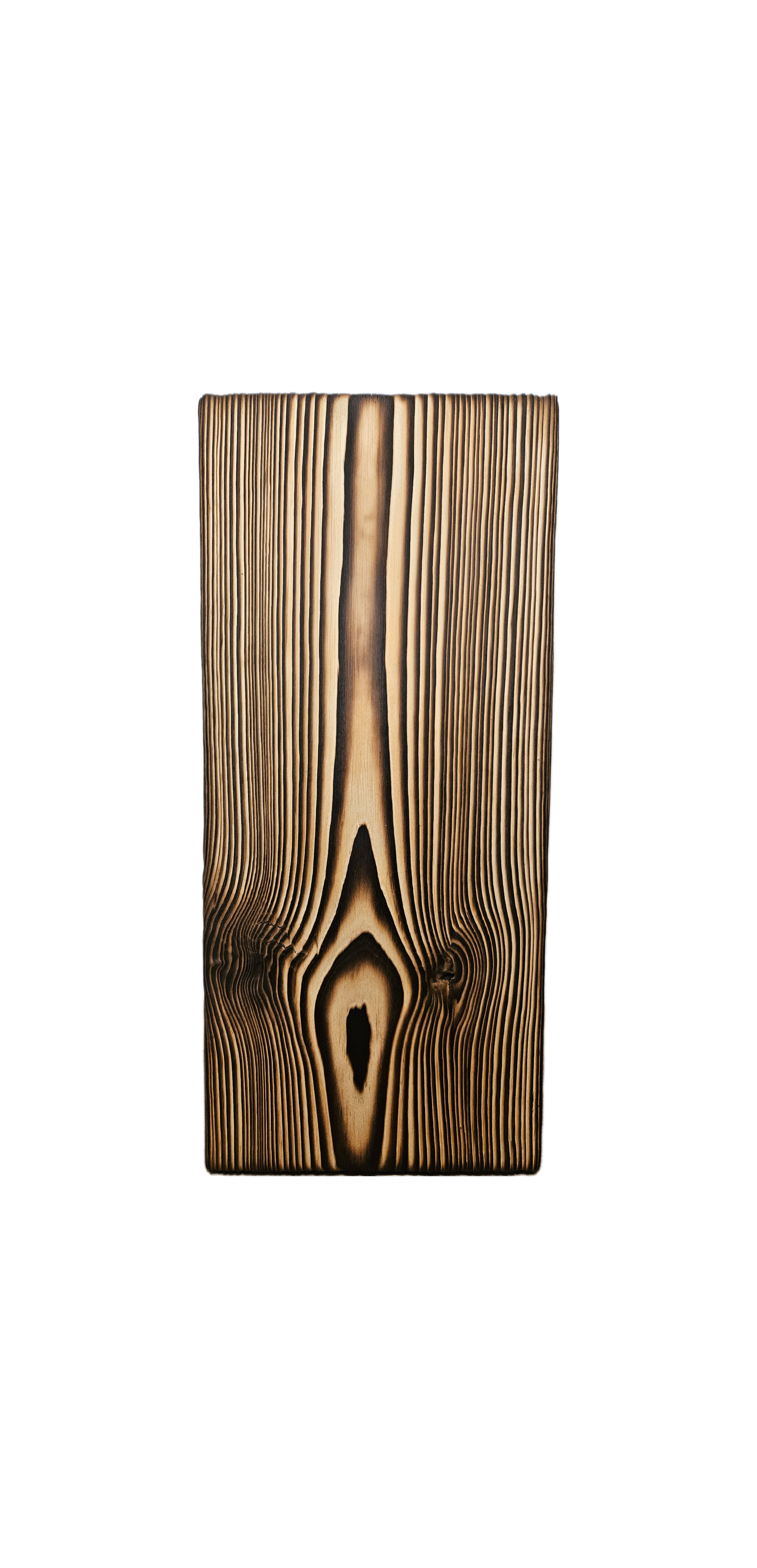 Close-up of a piece of wood with a distinct grain pattern, showing the natural imperfections and knots in the wood.