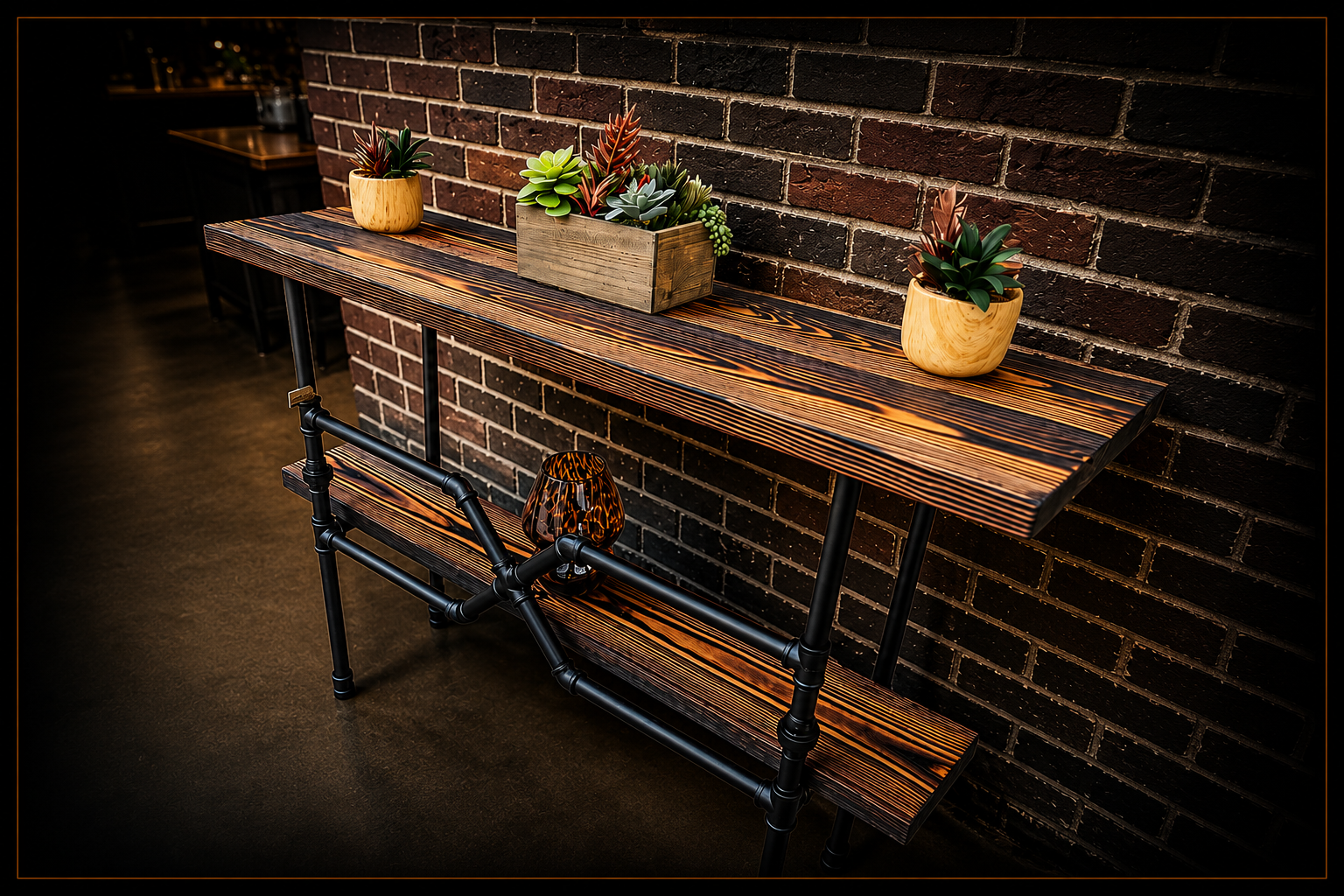 FireForged™ wood table and matching shelf displayed against a dark brick wall.