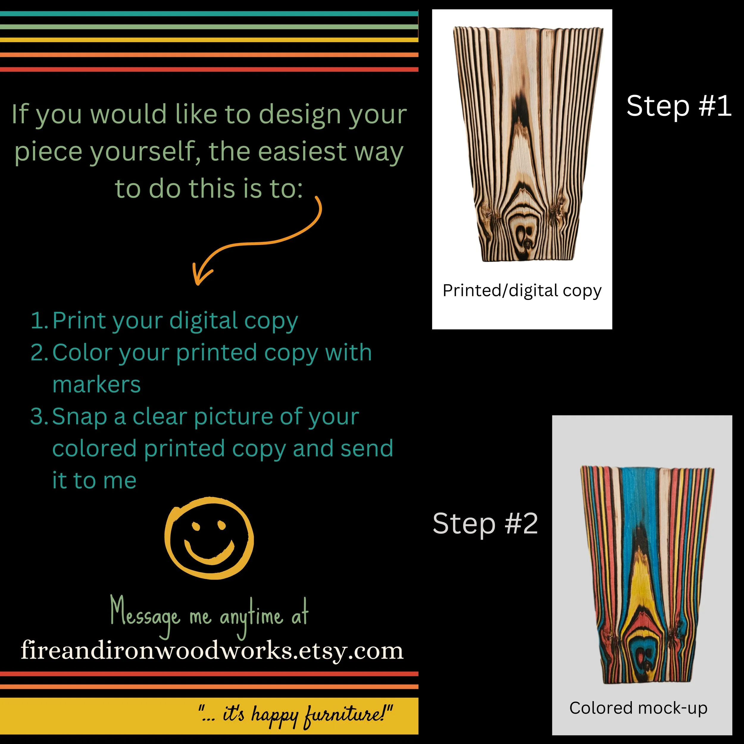 A colorful step-by-step guide on how to design your own wood furniture, with images and text instructions on printing, coloring, and sending the design. The right side shows a colored mock-up of a wooden furniture piece with a skull design.