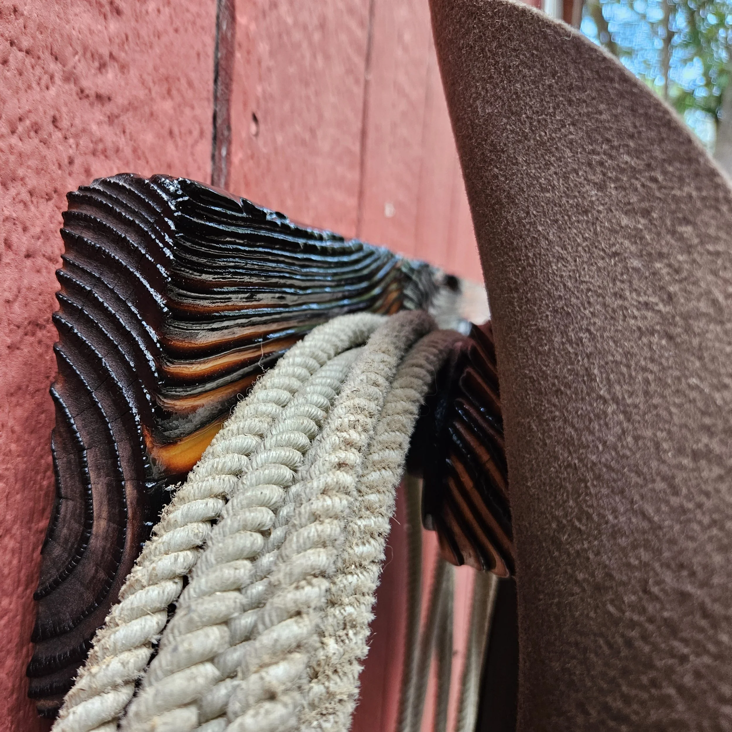 Close-up of a person’s foot wearing a black and orange athletic shoe resting on a textured red surface, with a brown fuzzy object, possibly a blanket or piece of clothing, nearby. In the background, there are some shrubs or trees and a blurred blue s